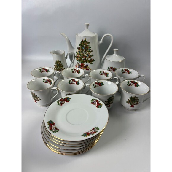 Tienshan Other - Tienshan Holiday Hostess Christmas Tree Coffee/ Tea Set Pot Cream Sugar Cups